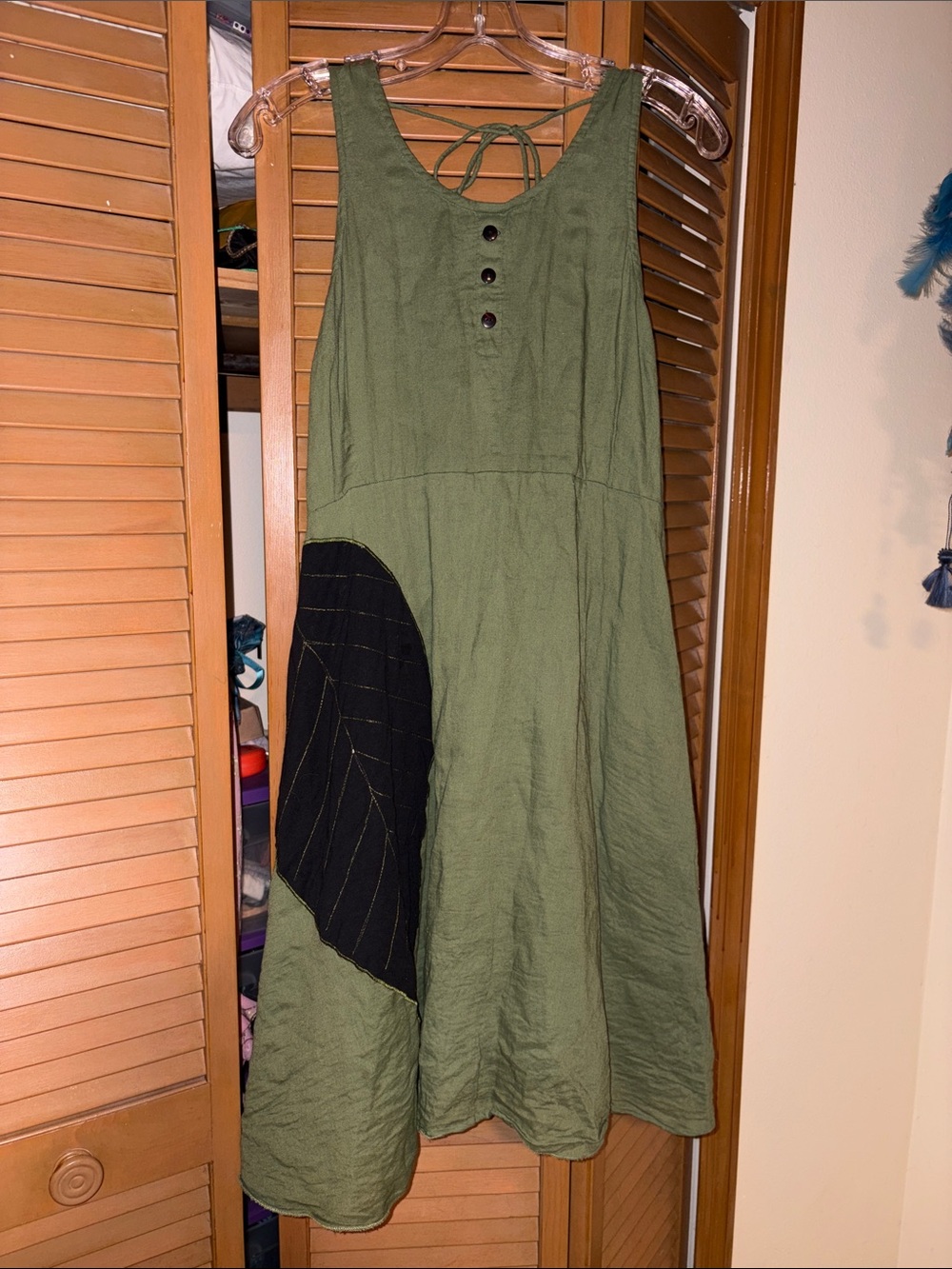 Sleeveless Olive Green Linen-Blend Dress with Black Accent